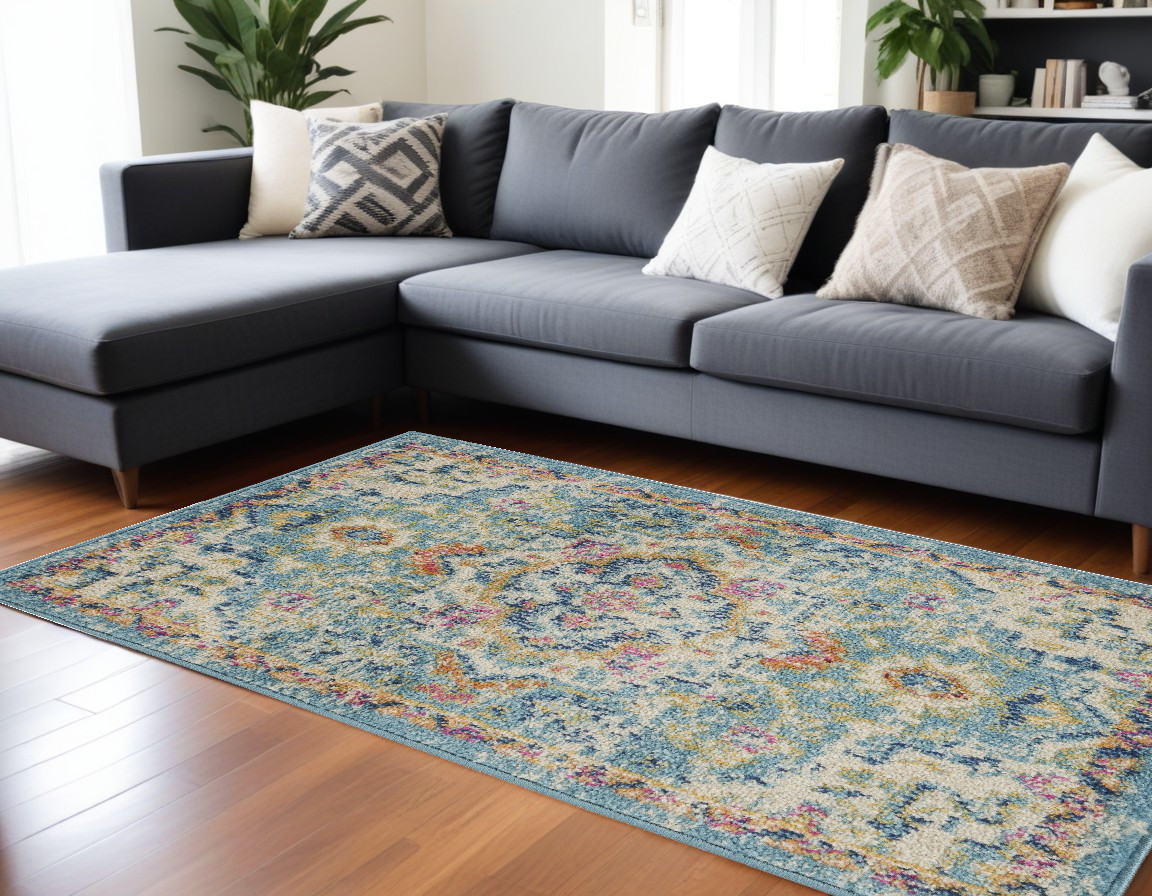 7' X 10' Ivory And Turquoise Oriental Distressed Area Rug-385583-1
