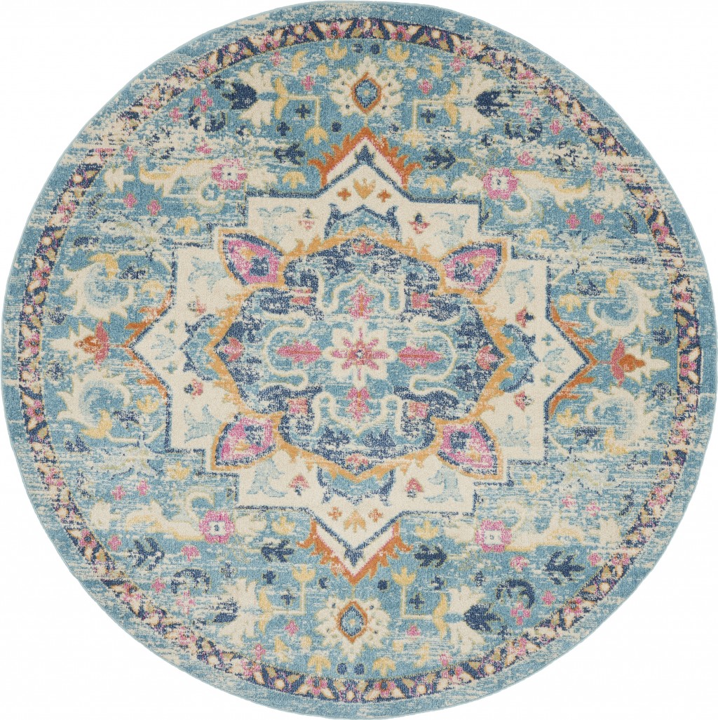 8' Blue And Ivory Round Dhurrie Area Rug-385584-1