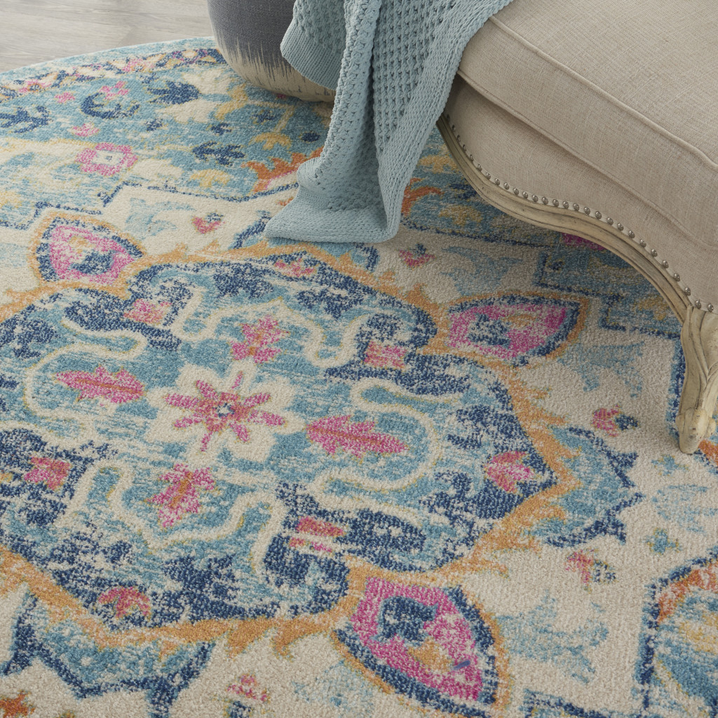 8" Blue And Ivory Round Dhurrie Area Rug