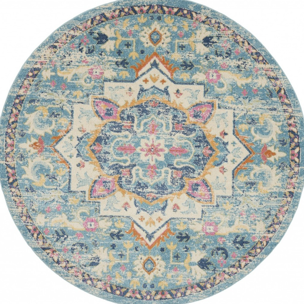 8" Blue And Ivory Round Dhurrie Area Rug