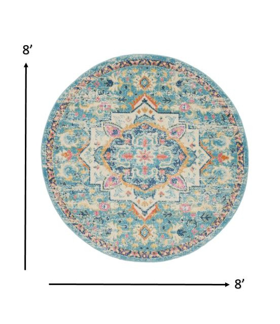 8" Blue And Ivory Round Dhurrie Area Rug