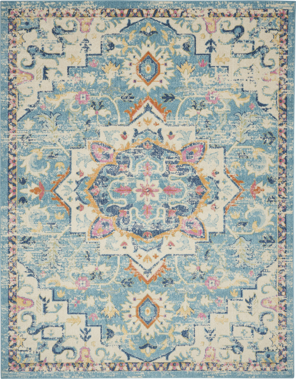8' X 10' Ivory And Blue Oriental Distressed Area Rug-385585-1