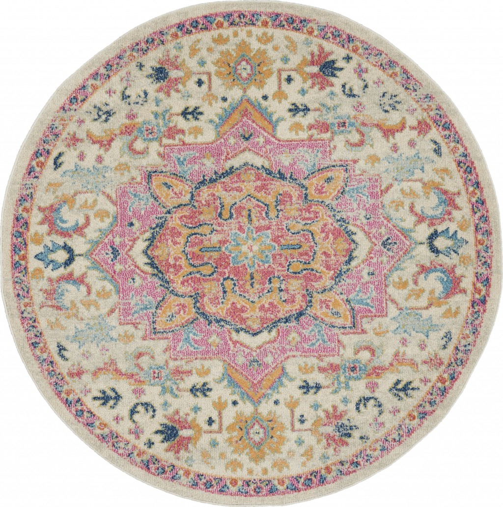 5' Pink And Ivory Round Southwestern Dhurrie Area Rug-385591-1