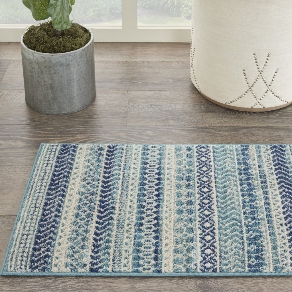 2" X 3" Blue and Ivory Striped Power Loom Area Rug