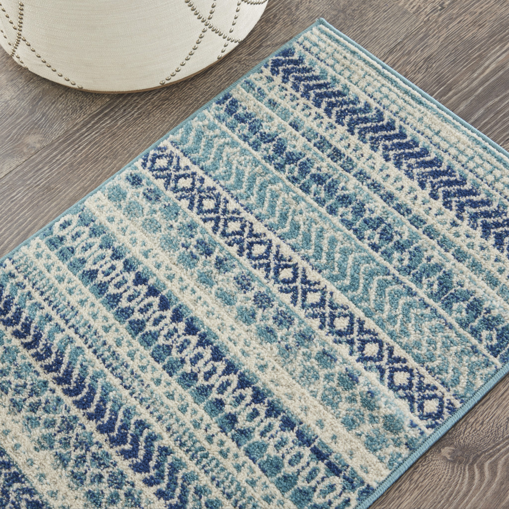 2" X 3" Blue and Ivory Striped Power Loom Area Rug