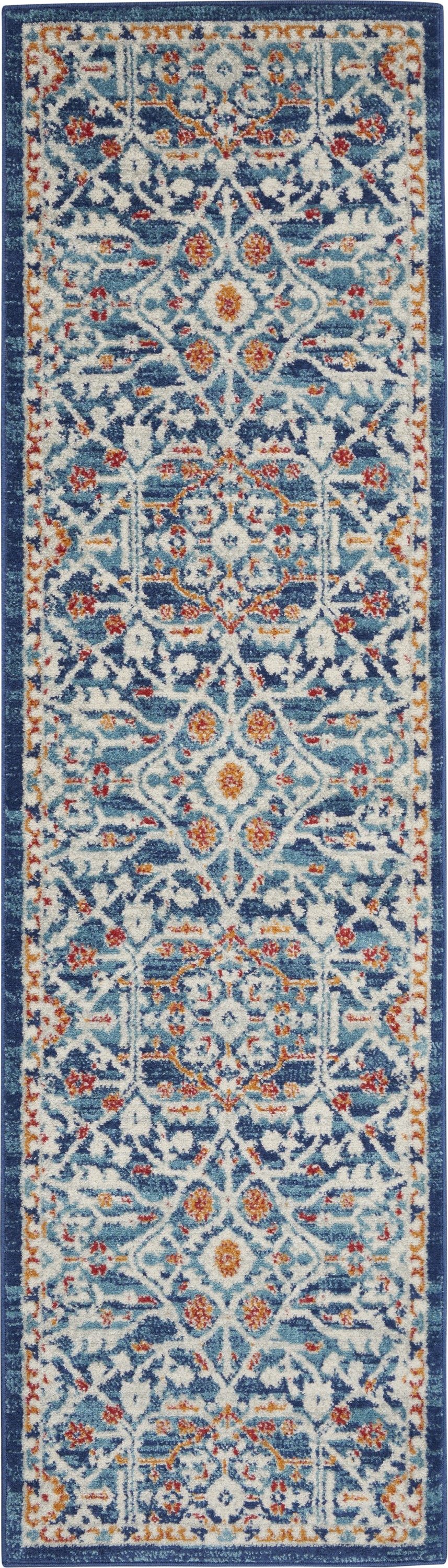 8' Blue And Ivory Floral Power Loom Runner Rug-385609-1