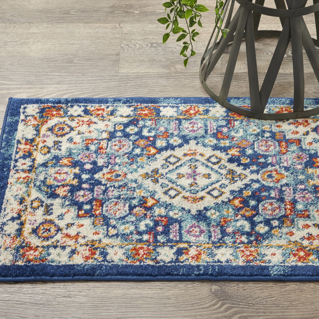 2" X 3" Blue And Ivory Medallion Scatter Rug