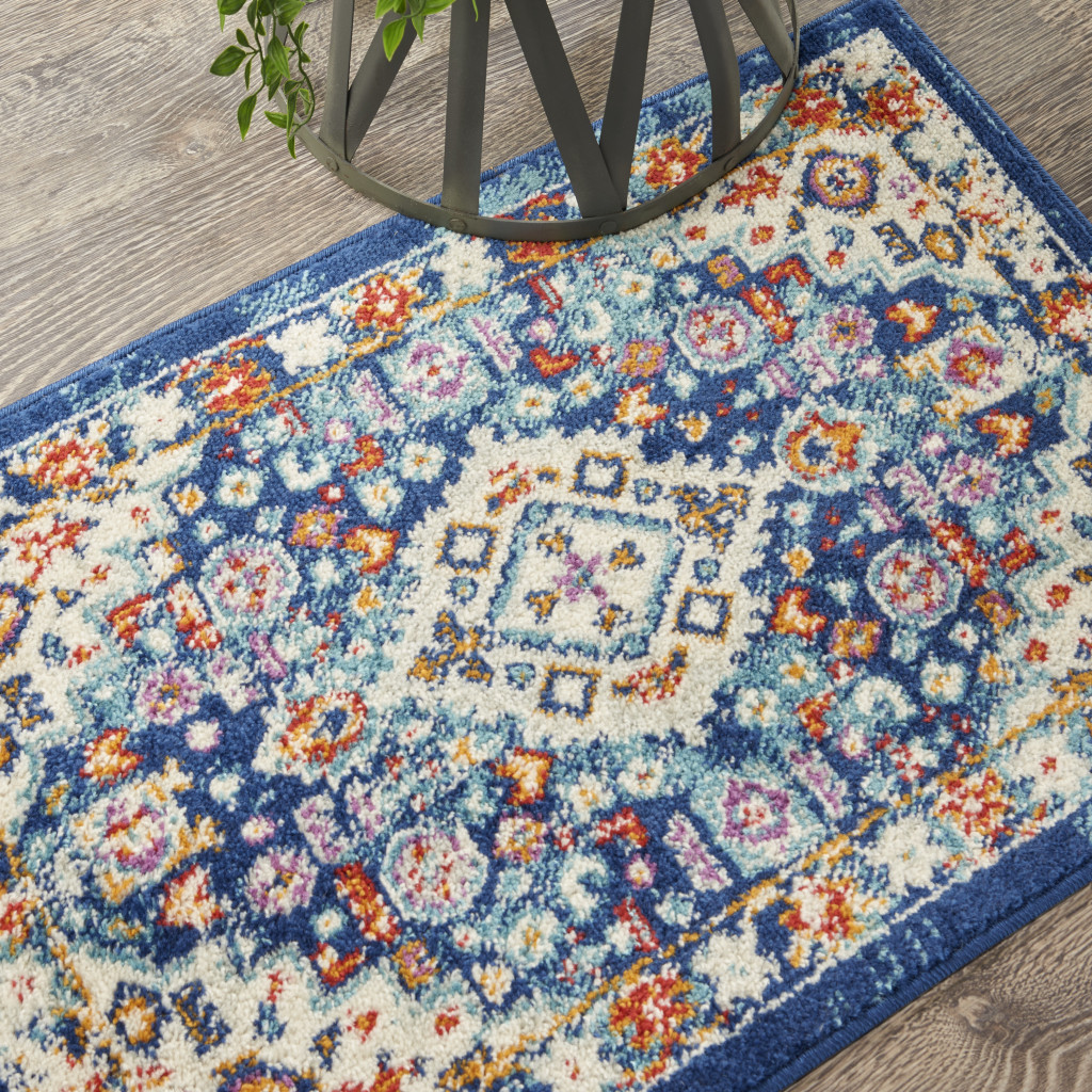2" X 3" Blue And Ivory Medallion Scatter Rug