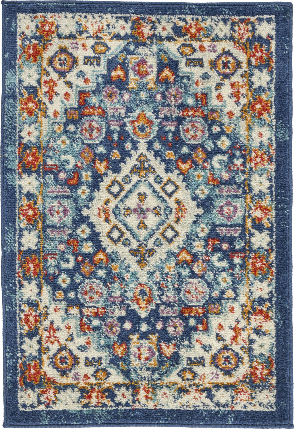 2" X 3" Blue And Ivory Medallion Scatter Rug