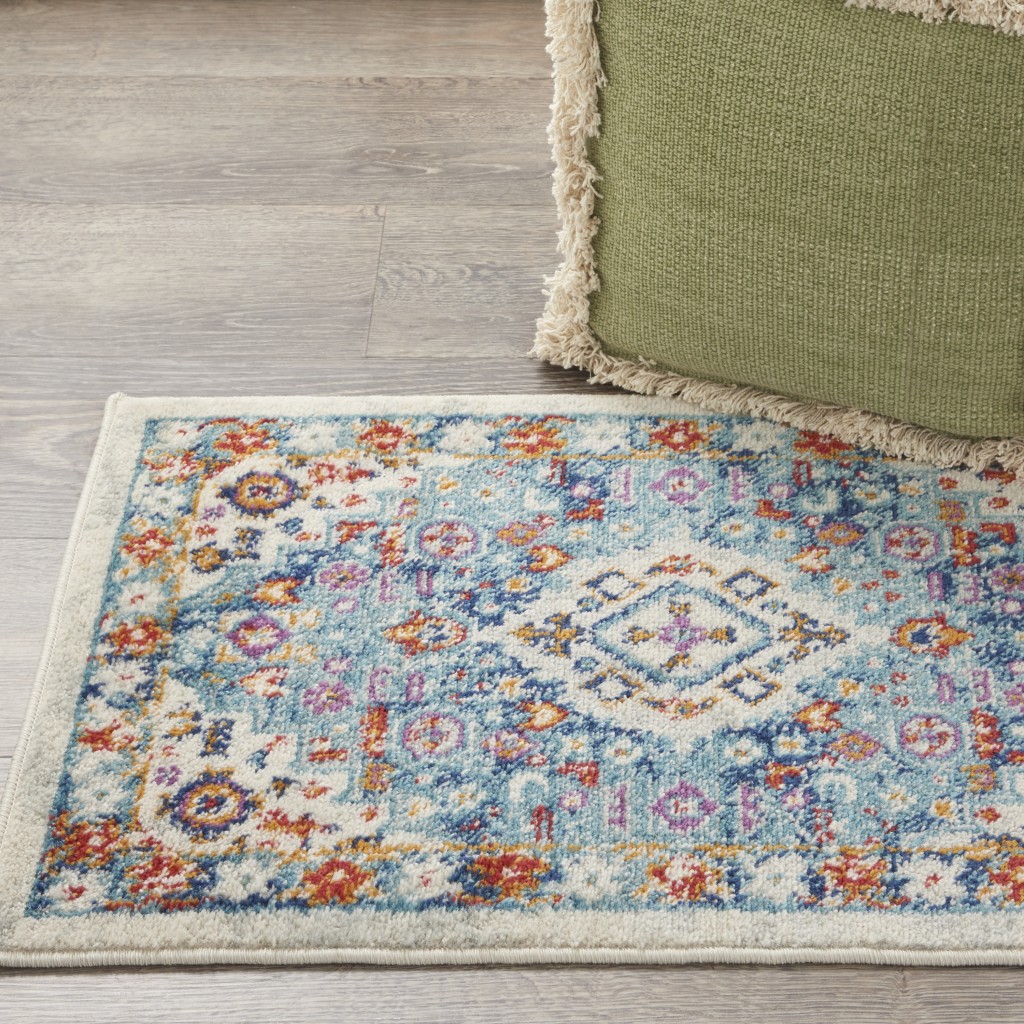 2 x 3 Ivory and Blue Floral Motifs Scatter Rug