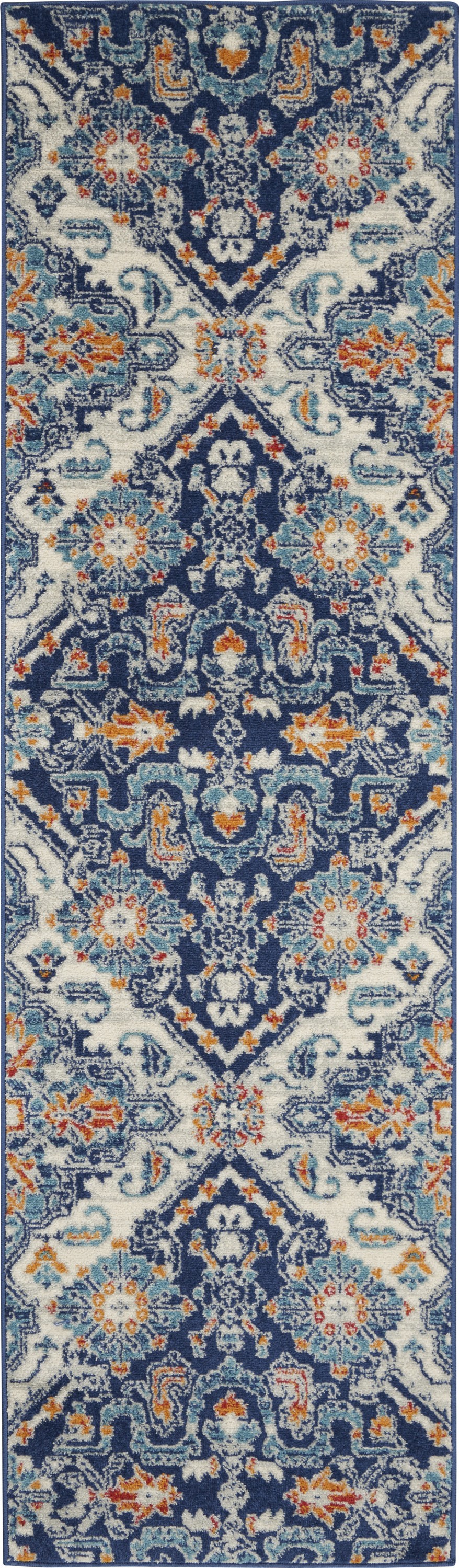 8' Blue And Ivory Floral Power Loom Runner Rug-385629-1