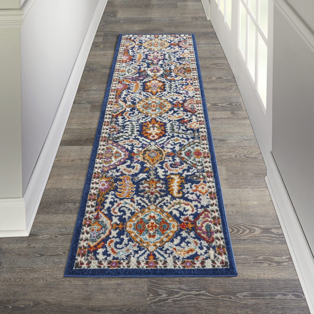8" Blue And Ivory Power Loom Runner Rug