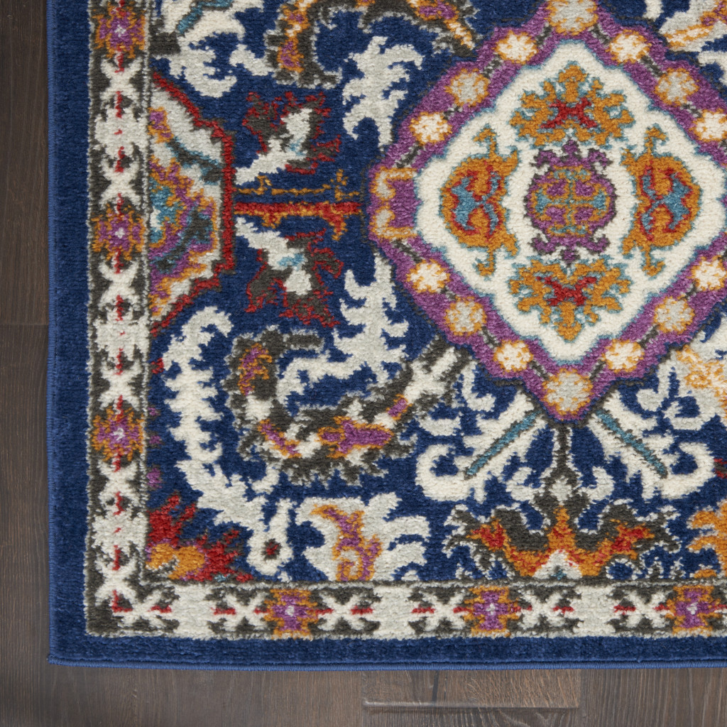 8" Blue And Ivory Power Loom Runner Rug