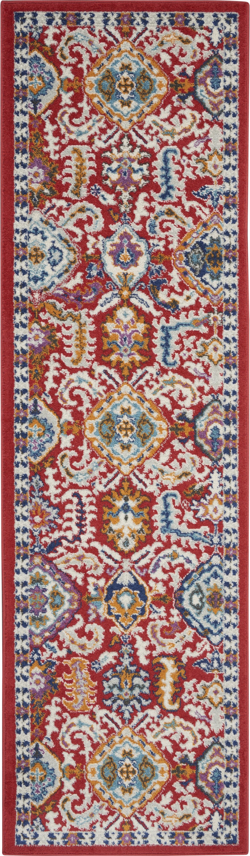 8' Red And Ivory Damask Power Loom Runner Rug-385644-1