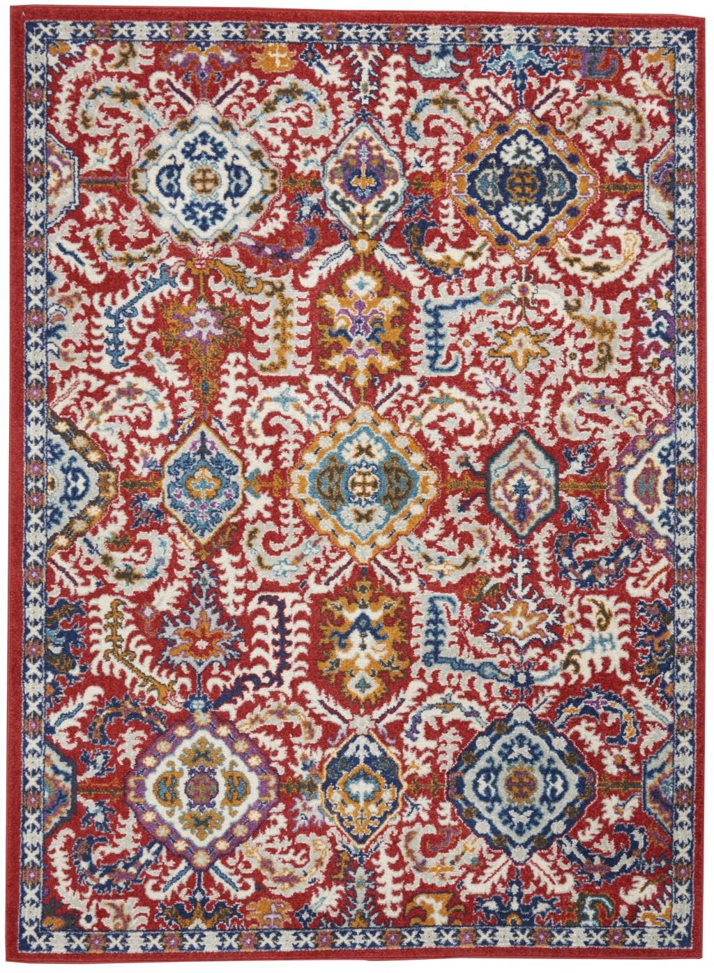 5' X 7' Red And Ivory Damask Power Loom Area Rug-385646-1