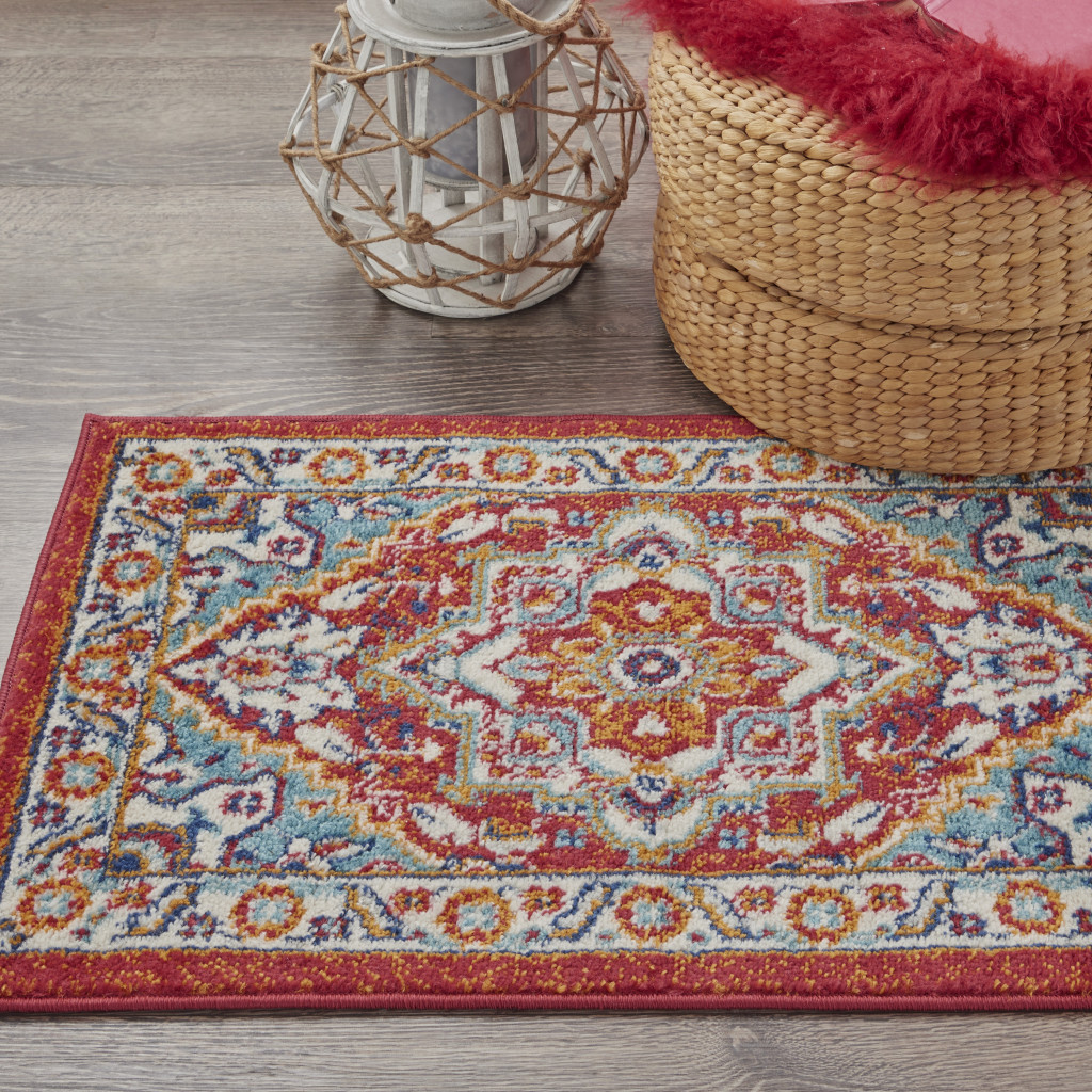 2" X 3" Red And Ivory Power Loom Area Rug