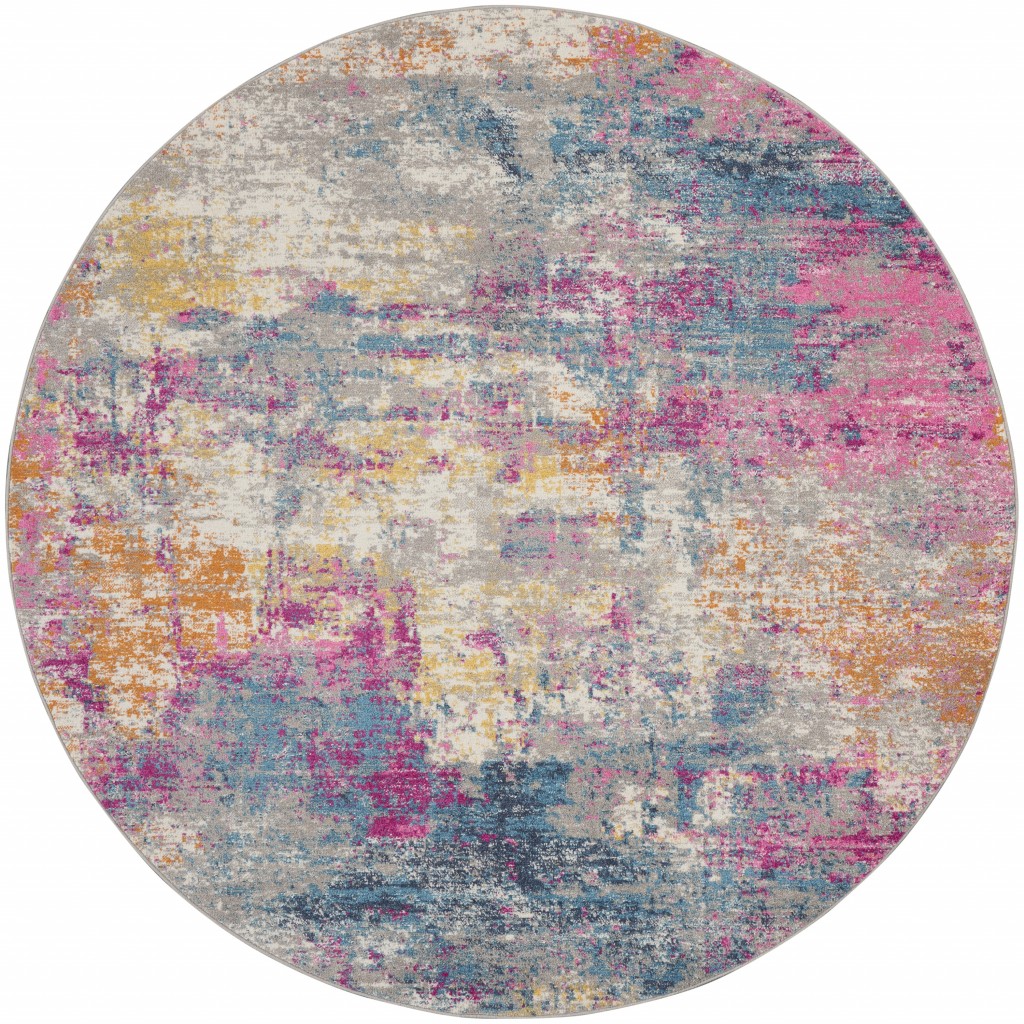8' Blue And Pink Round Abstract Power Loom Area Rug-385718-1