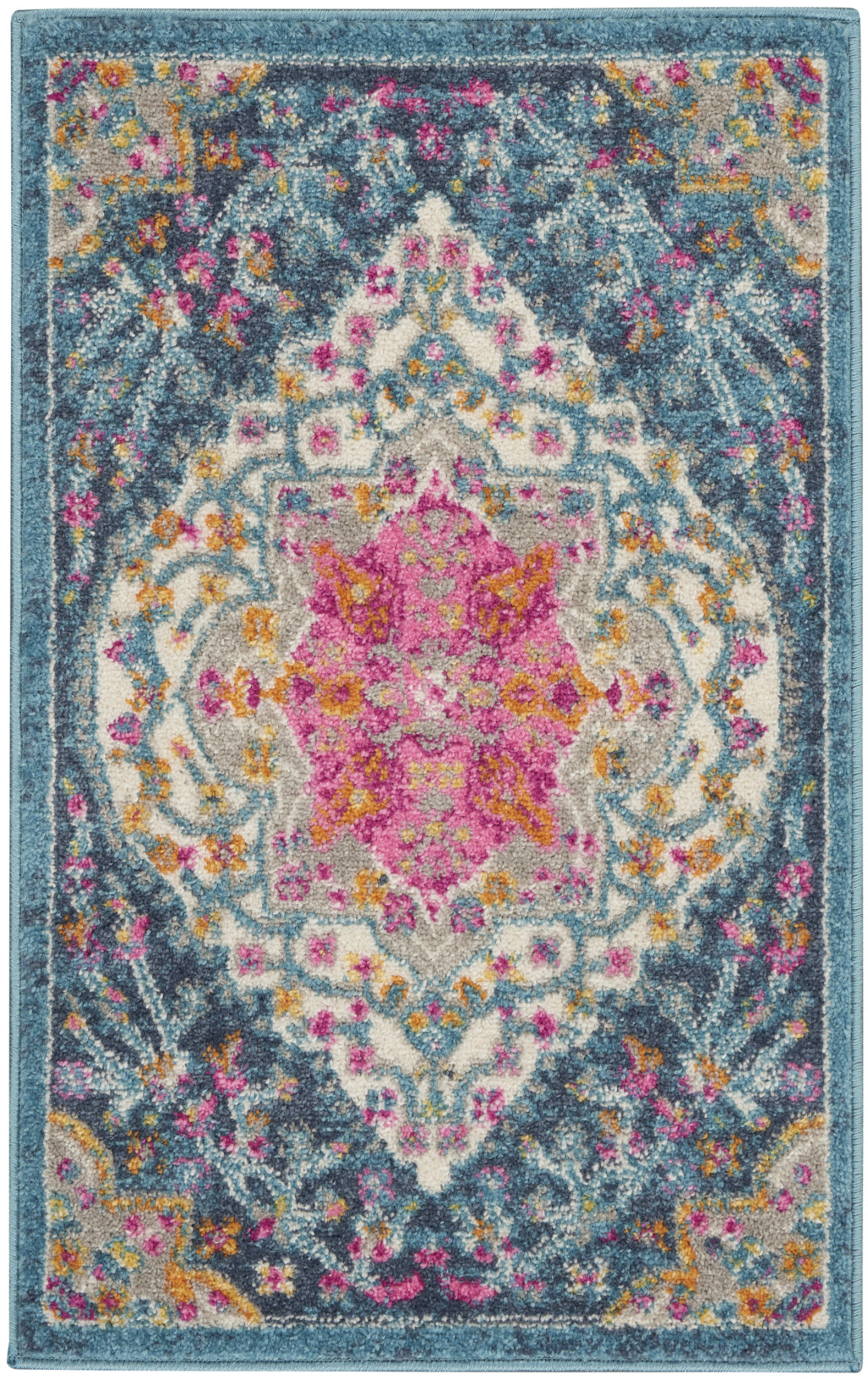 2' X 3' Blue And Ivory Medallion Distressed Area Rug-385741-1