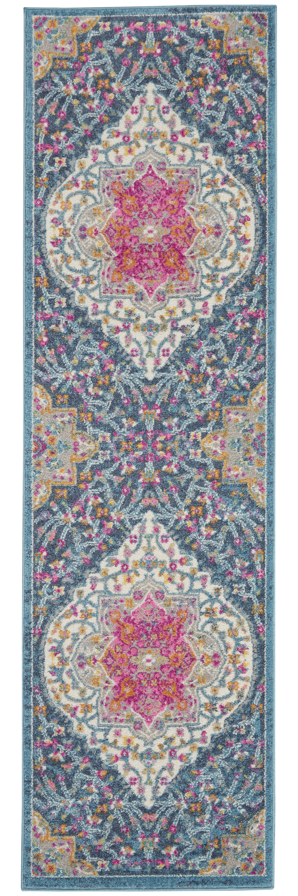 8' Blue And Ivory Medallion Distressed Runner Rug-385744-1