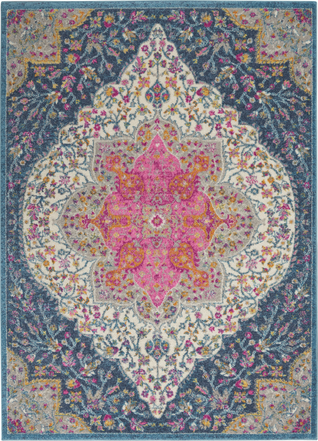 5' X 7' Blue And Ivory Medallion Distressed Area Rug-385747-1