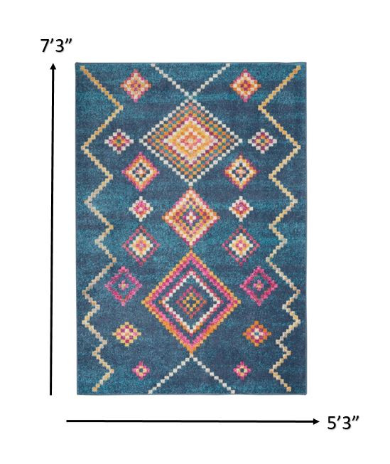 5" X 7" Navy Blue Southwestern Berber Area Rug