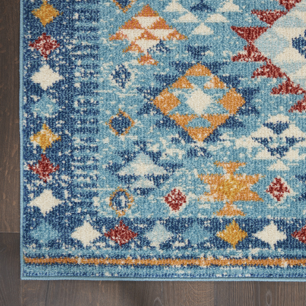 8" Blue And Orange Geometric Dhurrie Runner Rug