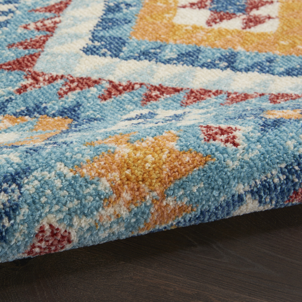 8" Blue And Orange Geometric Dhurrie Runner Rug