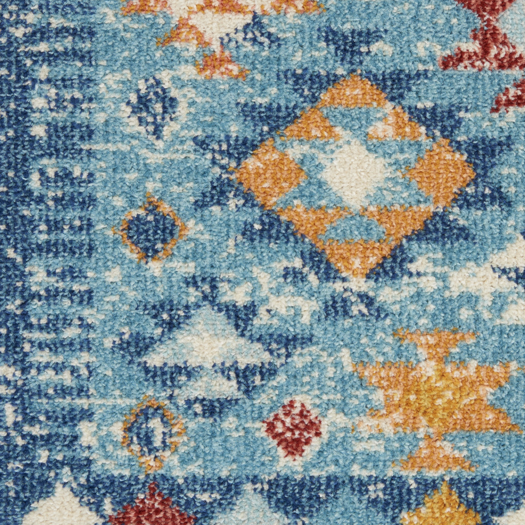 8" Blue And Orange Geometric Dhurrie Runner Rug