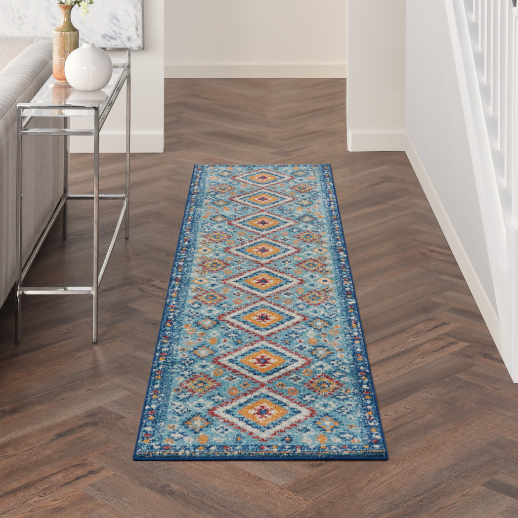 8" Blue And Orange Geometric Dhurrie Runner Rug