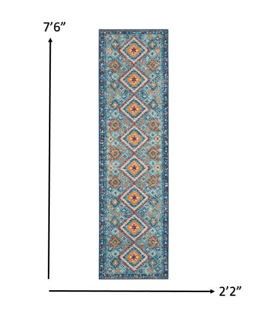 8" Blue And Orange Geometric Dhurrie Runner Rug