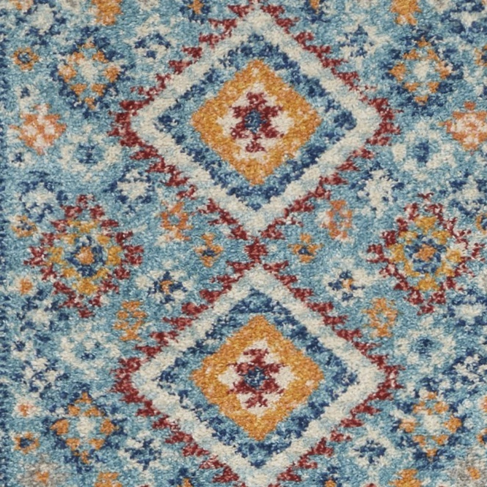 8" Blue And Orange Geometric Dhurrie Runner Rug
