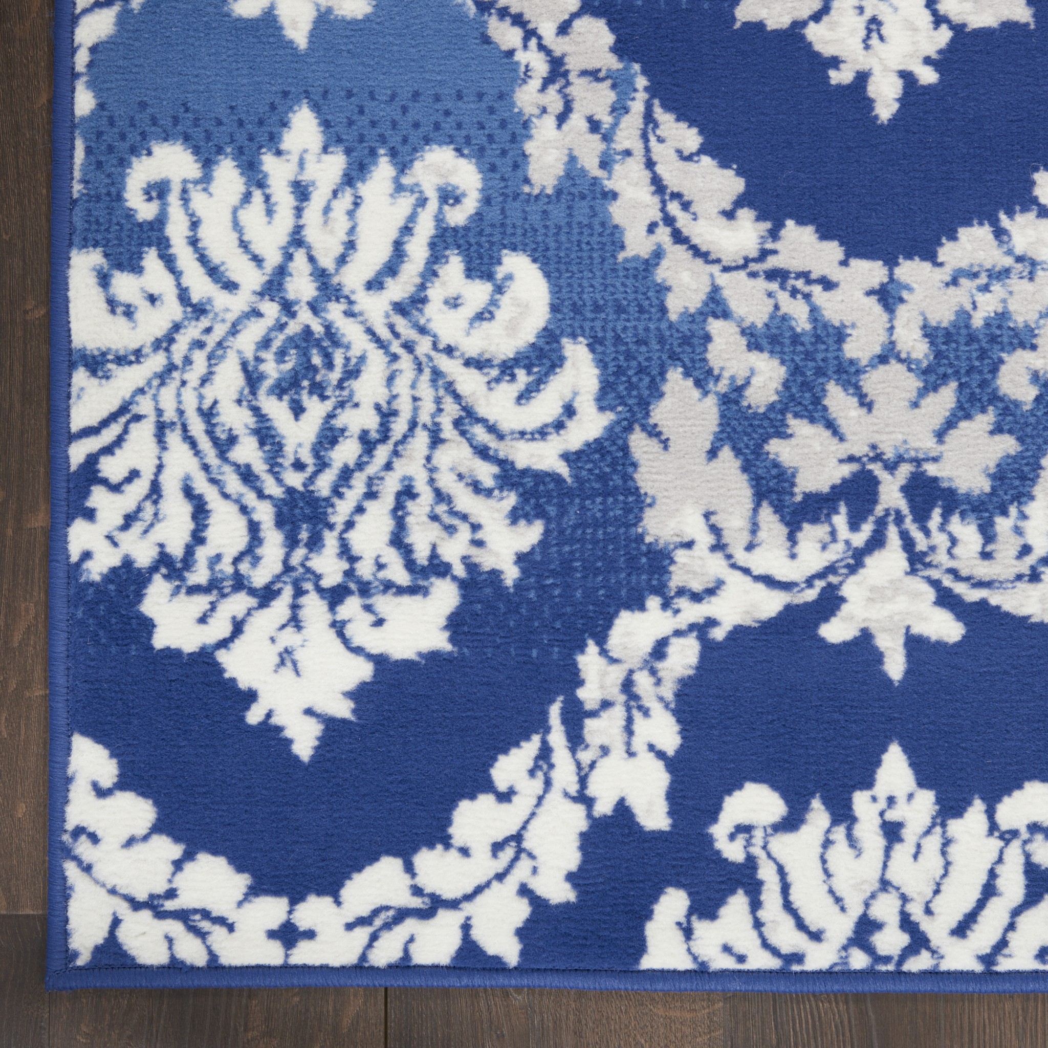 5 x 7 Blue and Ivory Damask Area Rug