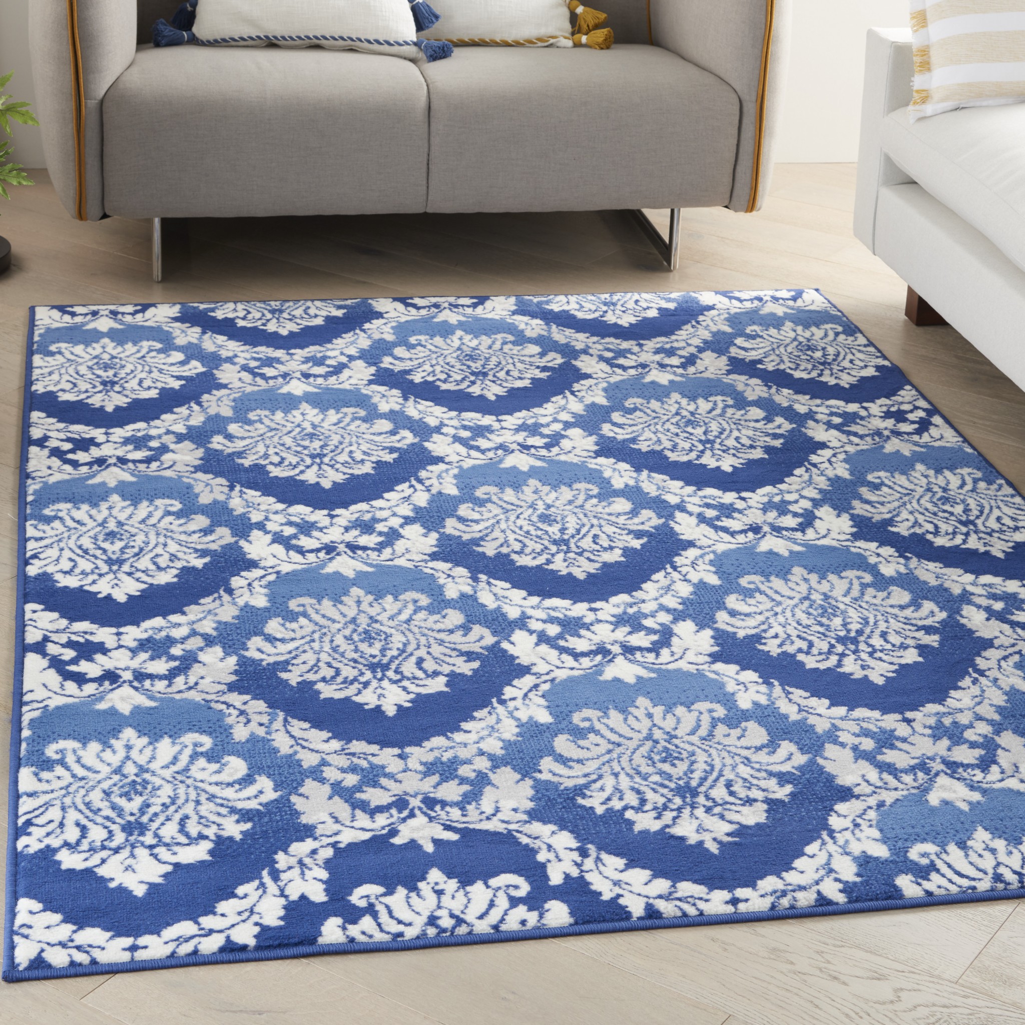 5 x 7 Blue and Ivory Damask Area Rug