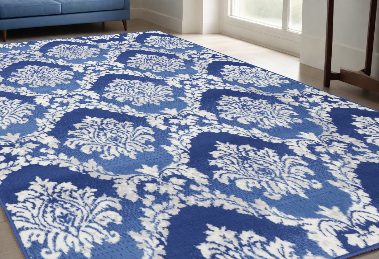 5' X 7' Blue And Ivory Damask Distressed Area Rug-385820-1