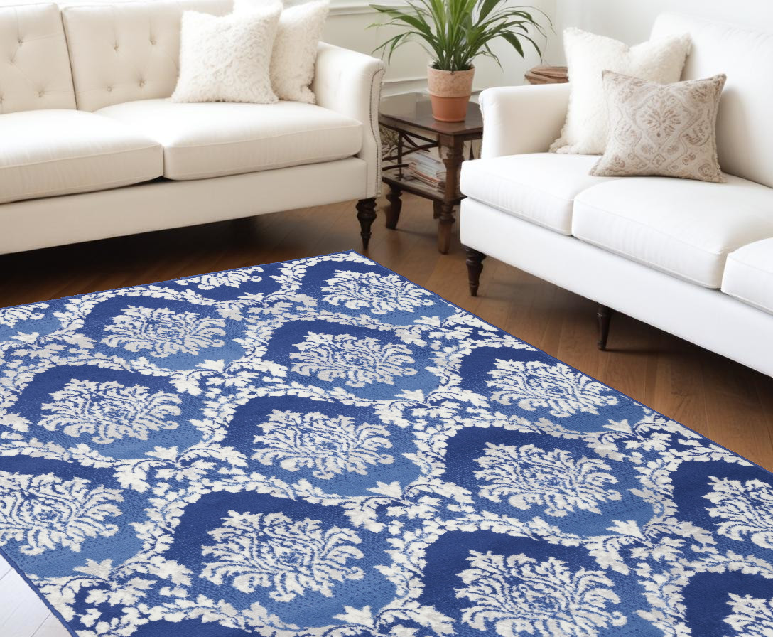 6' X 9' Blue And Ivory Damask Distressed Area Rug-385821-1