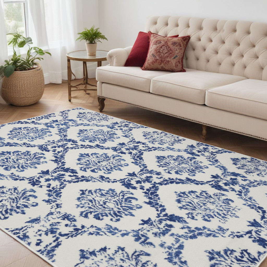 5" X 7" Blue And Ivory Floral Dhurrie Area Rug