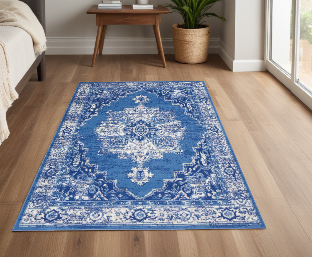 4" X 6" Navy Blue Floral Dhurrie Area Rug