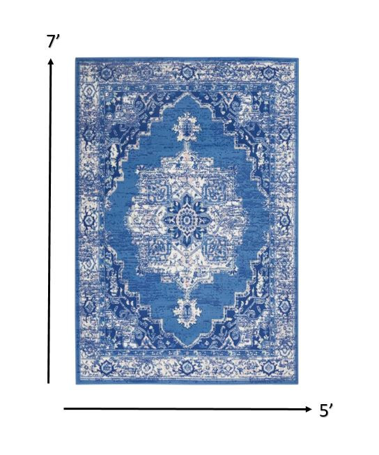 5" X 7" Navy Blue Floral Dhurrie Area Rug