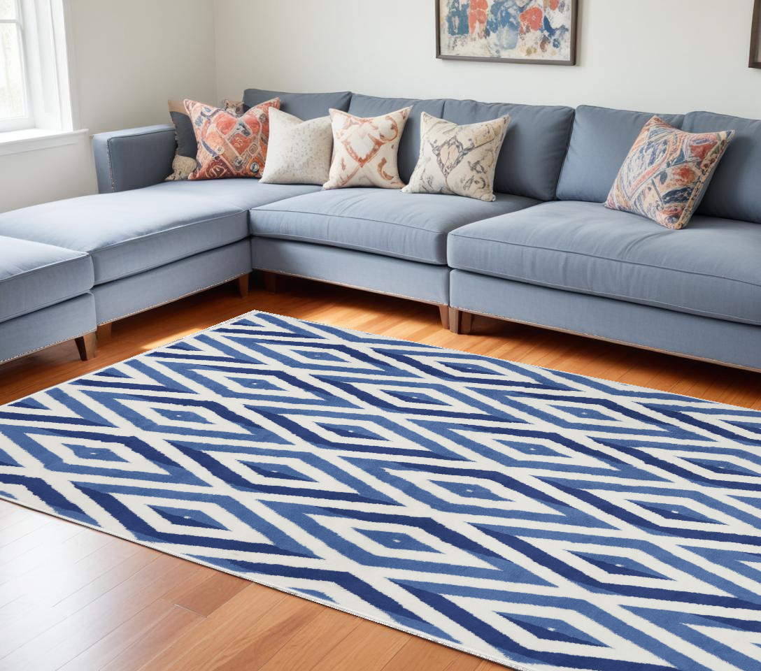 6' X 9' Ivory And Blue Geometric Area Rug-385843-1