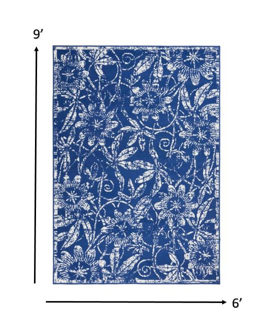 6" X 9" Navy Blue Floral Dhurrie Area Rug