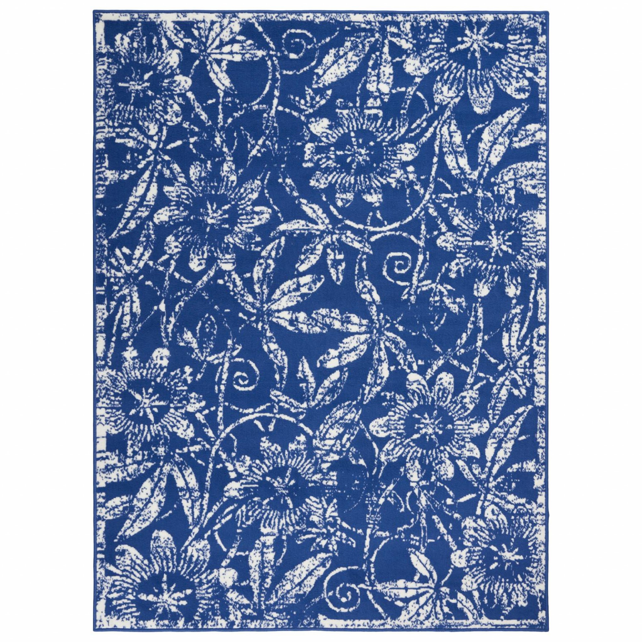 6" X 9" Navy Blue Floral Dhurrie Area Rug