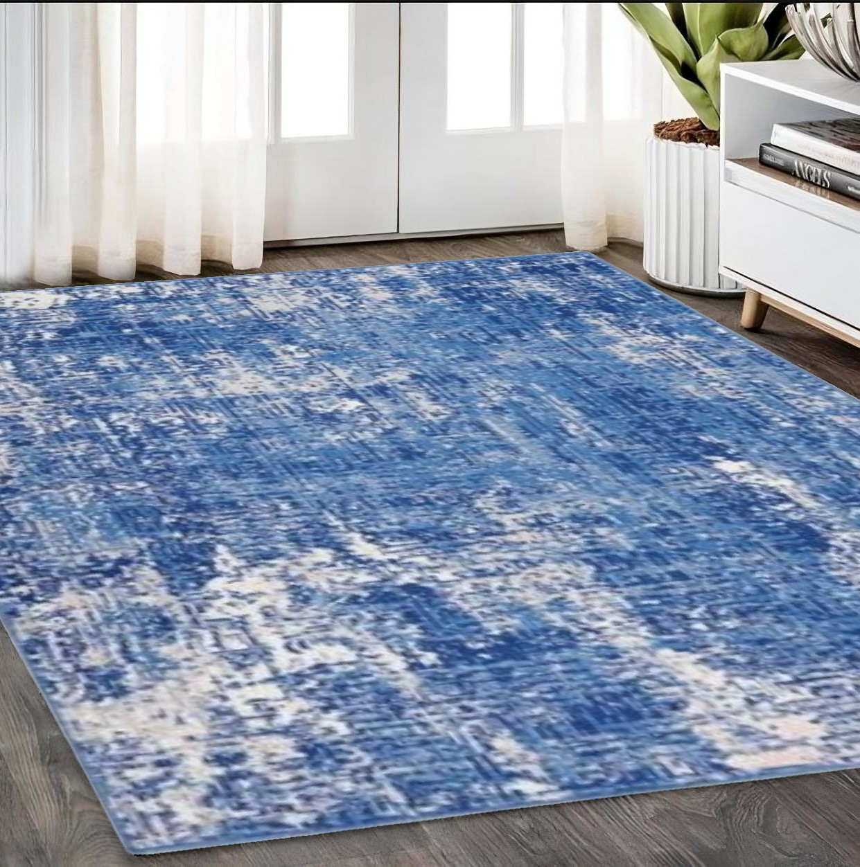 5" X 7" Blue And Ivory Abstract Dhurrie Area Rug