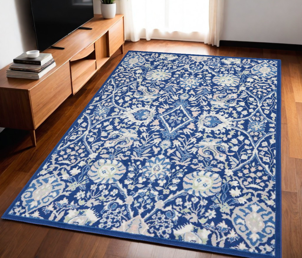 5' X 7' Ivory And Blue Floral Area Rug-385866-1
