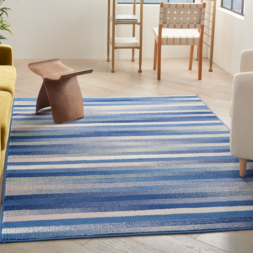 6" X 9" Blue And White Striped Dhurrie Area Rug