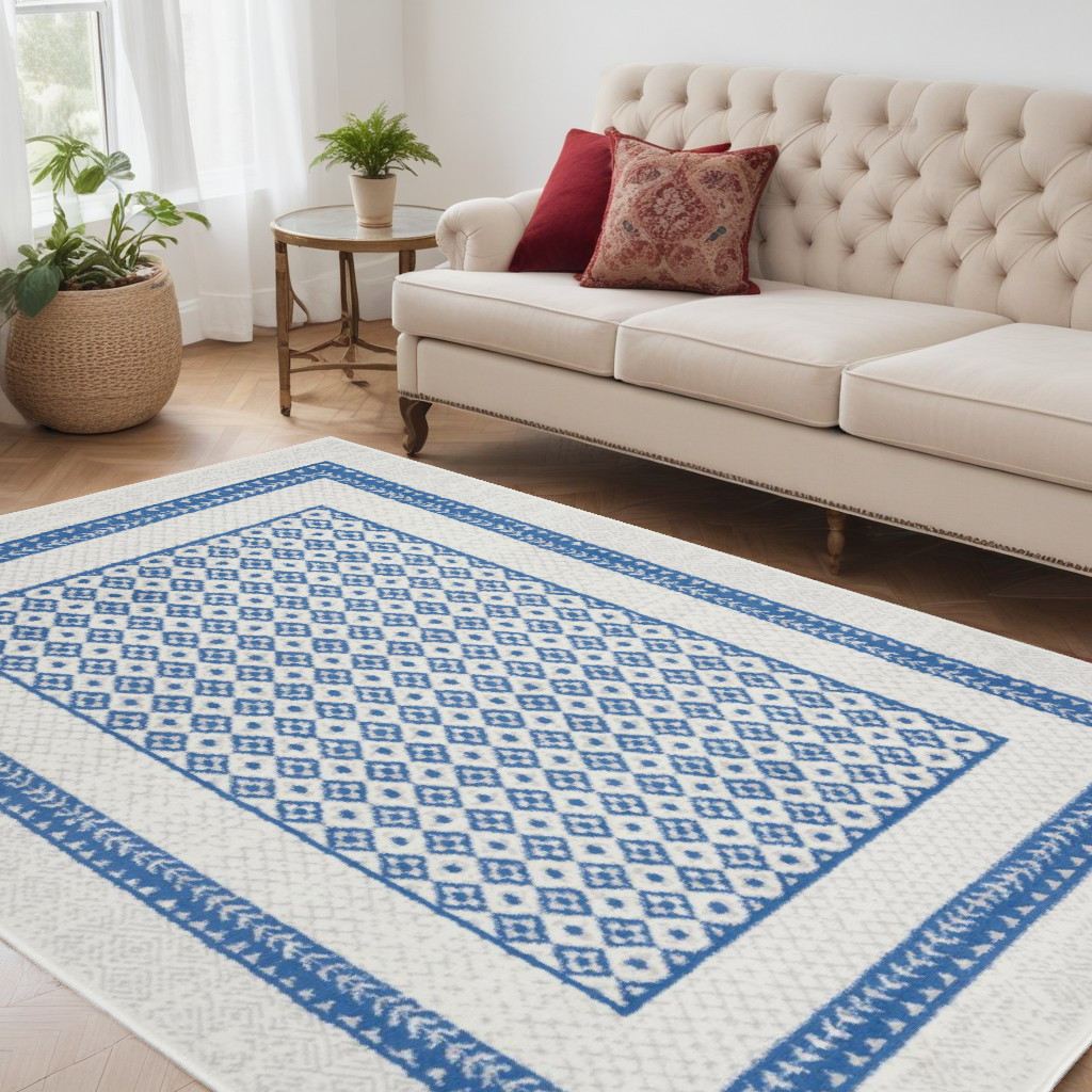 5" X 7" Navy Blue Geometric Dhurrie Area Rug