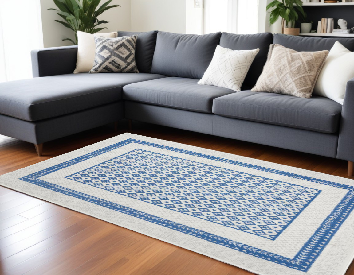 6" X 9" Navy Blue Geometric Dhurrie Area Rug