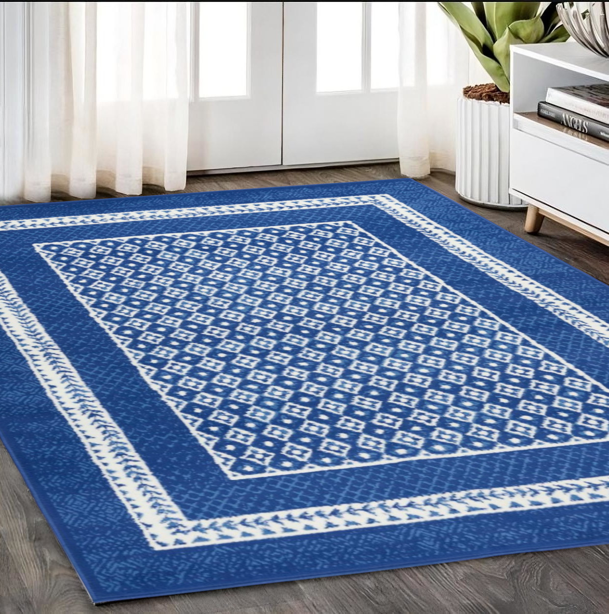 5' X 7' Blue And White Geometric Area Rug-385884-1