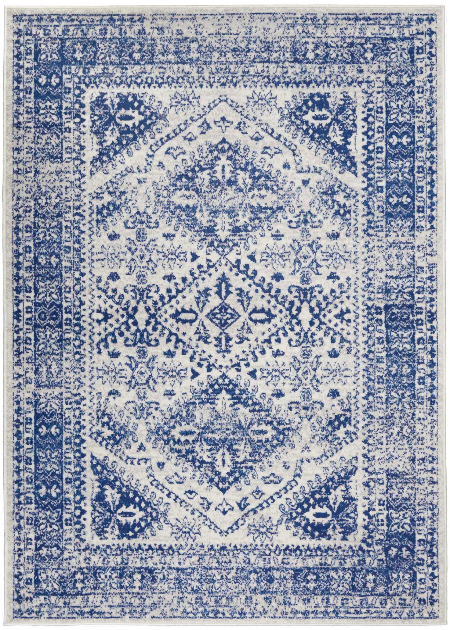 6' X 9' Ivory And Blue Geometric Distressed Area Rug-385891-1