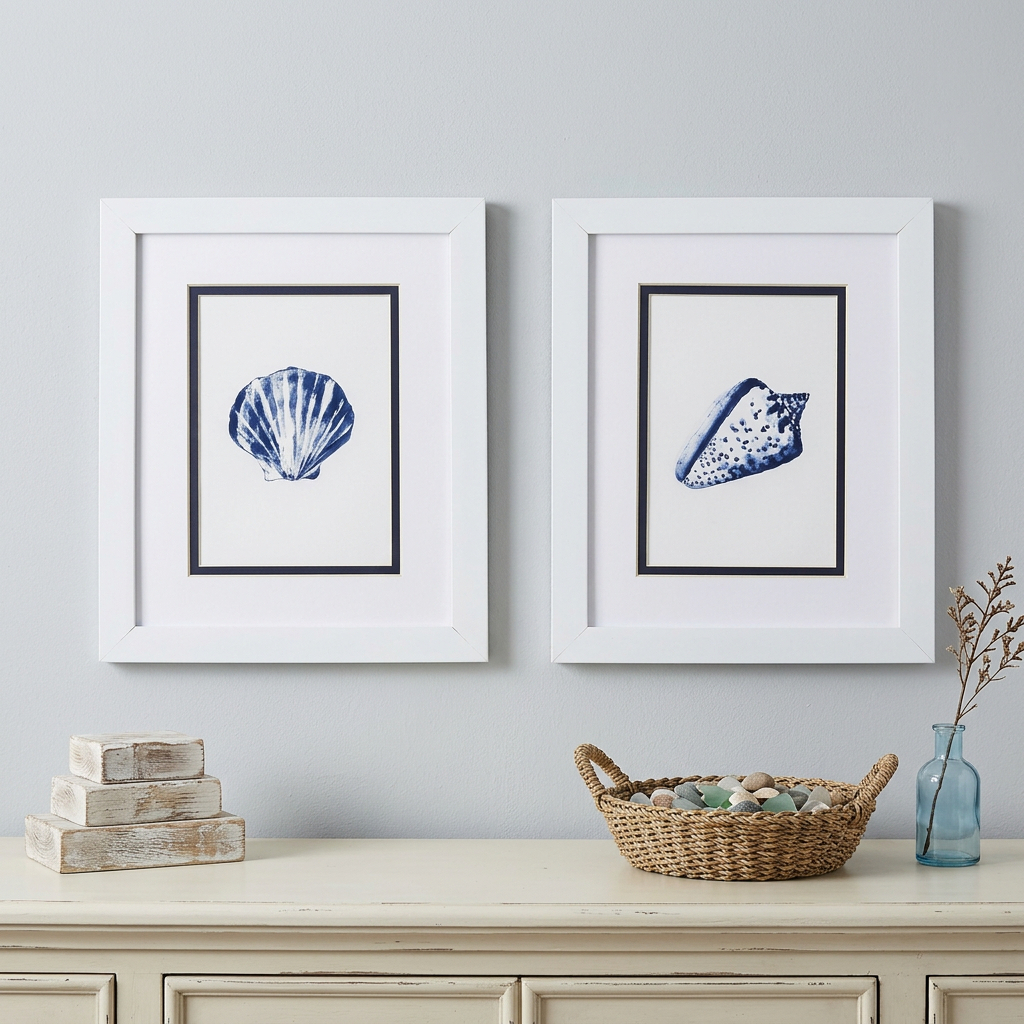 Set Of Two Blue And White Seashell Wall Art
