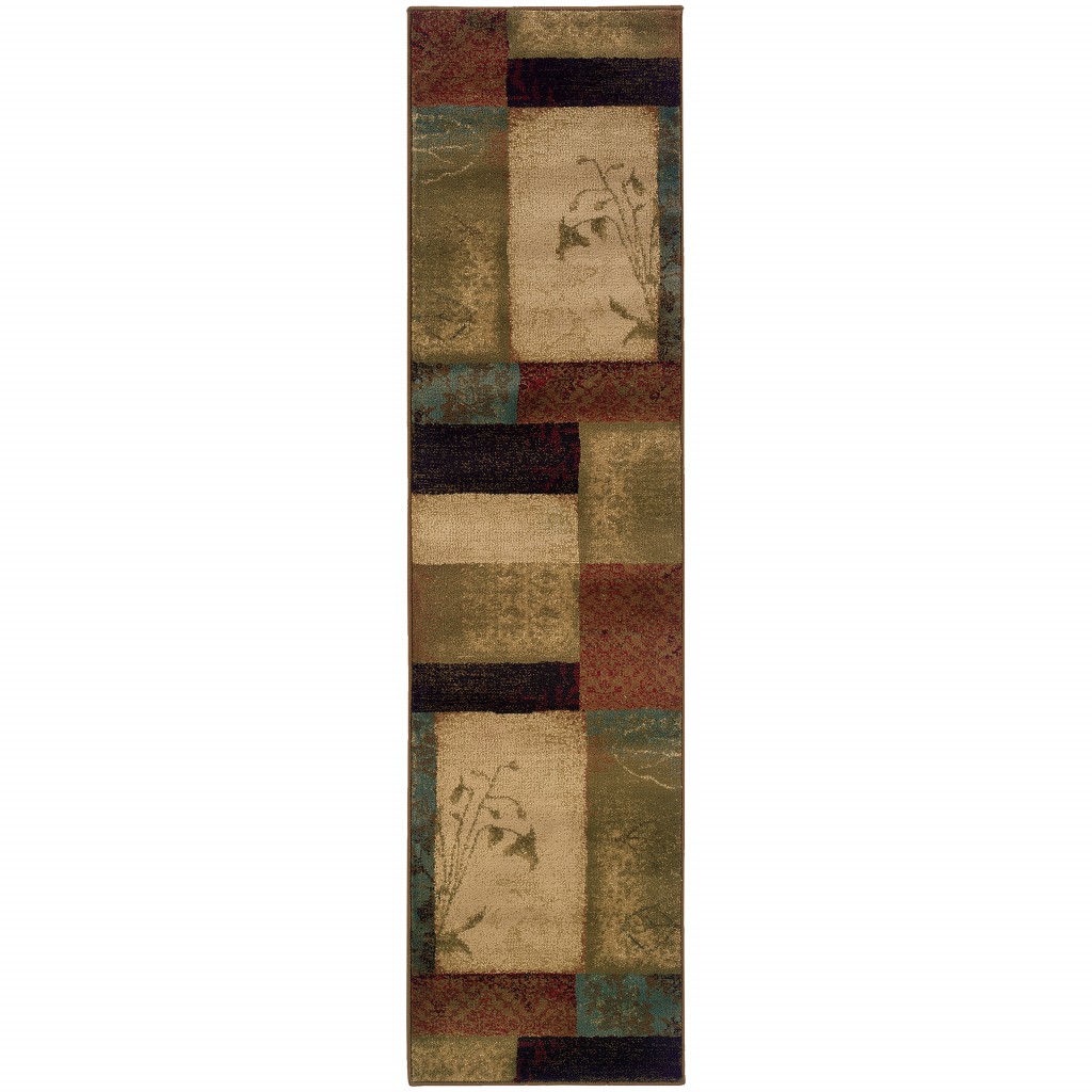 2’ X 8’ Beige And Brown Floral Block Pattern Runner Rug-387931-1